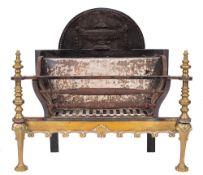 A Georgian brass and cast metal fire basket: arched back with low relief neo-classical urn and