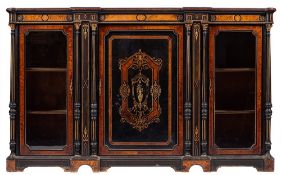 A Victorian ebonised, marquetry and amboyna banded credenza in Aesthetic Movement taste, circa 1875,