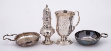 A Victorian silver pedestal cup, maker's mark worn, London, 1873: with scroll handle,