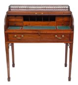 An early 19th Century mahogany and inlaid cylinder tambour-fronted writing desk:,