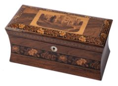 A 19th century Tunbridge ware tea caddy: of rectangular and waisted outline,