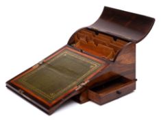 A rosewood and parquetry piano top writing slope: the hinged lids with tumbling cube decoration