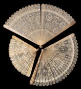 A group of three Chinese Canton pierced ivory brise fans: the guards variously carved with peonies