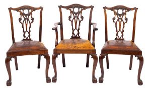 A set of six carved mahogany dining chairs in George III Chippendale style, 19th century,