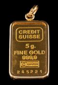 A gold pendant,: the rectangular pendant, stamped Credit Suisse, Fine Gold 999.