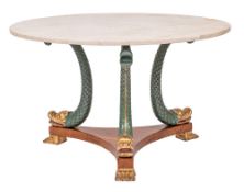 A Contemporary carved and decorated circular centre table in the Regency manner:,