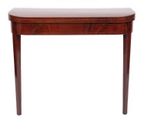A George III mahogany and inlaid card table:, of D-shaped outline,