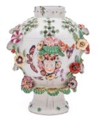 A Derby pot-pourri frill vase: with pierced upper body and applied with two mask heads and flowers