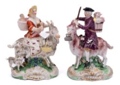 A pair of Derby figures of the Welsh Tailor and his wife: of traditional form,