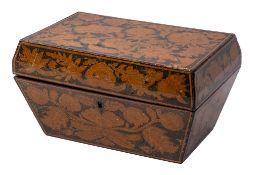 A Regency pen work chinoiserie tea caddy: of rectangular tapering outline,