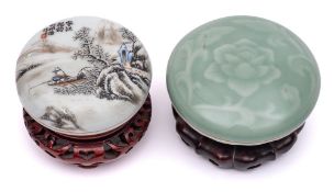A Chinese seal paste box and cover and one other: the first painted with a fisherman in a winter