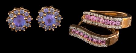 A pair of pink sapphire and diamond earrings:,