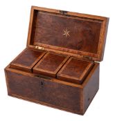 A 19th century yew wood and cross banded tea caddy: of rectangular outline,