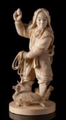 A Japanese ivory okimono of a ryoshi (hunter): with a stone in his raised hand aiming to catch his