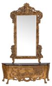 A carved and giltwood and marble mounted console with mirror, in Louis XIV style,