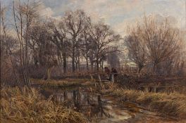 Walter Goldsmith [1857-1943]- Figures on a wooded footbridge,:- signed and dated 1887 oil on canvas,