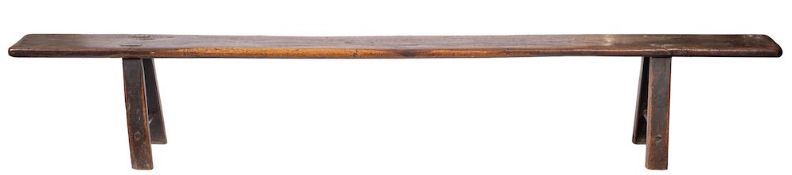 An early 19th Century elm bench seat:, on trestle end splayed legs,