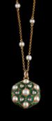 A pearl, diamond and enamel pendant,