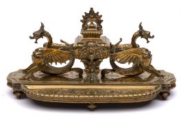 A large Italianate influence brass desk inkstand: of rectangular outline,