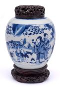 A Chinese blue and white 'Sixteen Sons' jar: painted with two panels divided by pendant floral
