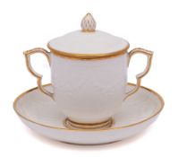 A Derby white and gilt caudle cup, cover and stand: with bud finial and angular handles,