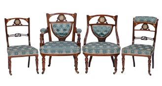 An Edwardian rosewood, inlaid and ceramic mounted four piece salon suite:,