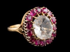 A rock crystal and ruby cluster ring,