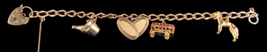 A 9 carat gold charm bracelet,: the curb link bracelet with various charms,