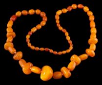 An amber bead necklace:, the single row necklace with graduated polished amber beads from 8.