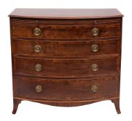 A George IV mahogany, crossbanded and inlaid bow-fronted chest:, bordered with boxwood lines,
