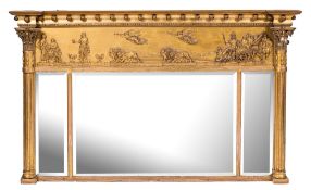 A Regency giltwood and gesso landscape overmantel mirror:,