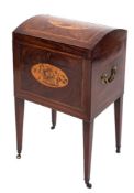 A George III mahogany and inlaid domed trunk shaped decanter box:,