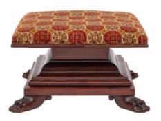 A Victorian mahogany square footstool:, with a stuff over seat in gros-point needlework,
