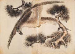 A large Japanese woodblock print in four parts: depicting flying pheasants,