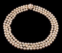 A French cultured pearl and diamond necklace by Serge Bouder,: the three row necklace set with 7.