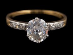 A diamond single stone ring,: the oval old mine cut diamond, estimated to weigh 1.