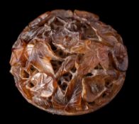 A small Chinese tortoiseshell 'cricket' cage cover: carved and pierced with flowers and foliage, 3.