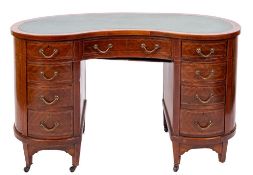 An Edwardian mahogany and chequer banded kidney shaped desk, in Sheraton style, early 20th century,