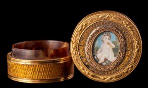 A 19th century tortoiseshell and gold mounted, pill box: of circular outline,