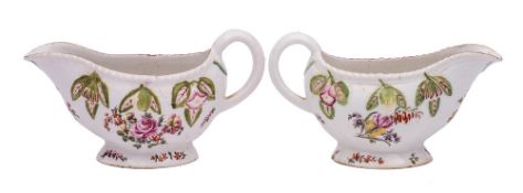 A pair of Derby 'cotton-stem' sauceboats: each with gadrooned rim and angular foot,