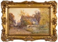 George Charles Haite [1855-1924]- Cattle and figures on a village lane,
