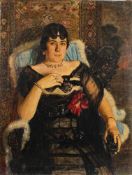 Russian School early 20th Century- Fashionable lady seated in an exotic interior with carved ebony