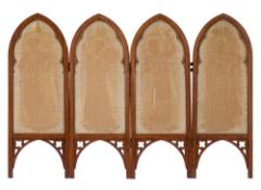 An oak four fold dwarf screen in the Gothic taste:,