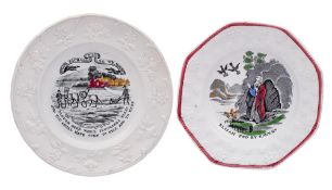 Two mid 19th century pottery nursery plates: decorated with enamelled transfer prints 'Poor