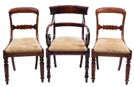 A set of six Victorian dining chairs:, the open backs with shaped horizontal splats,