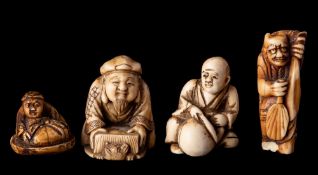 Three Japanese carved ivory netsuke depicting street merchants: together with another ivory netsuke