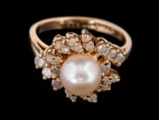 A cultured pearl and diamond ring,: the 7.