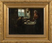 J Watson Milne [19/20th Century]- Couple in a Cottage Interior,:- signed bottom left oil on board,