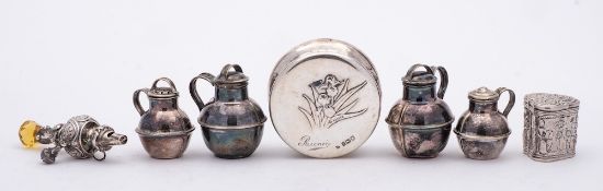An Edward VII silver rattle, maker's mark worn, Birmingham, 1908: with whistle and bell,