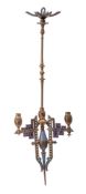 A 19th century French brass and champlevé three-branch ceiling light: with urn-shaped sconces on